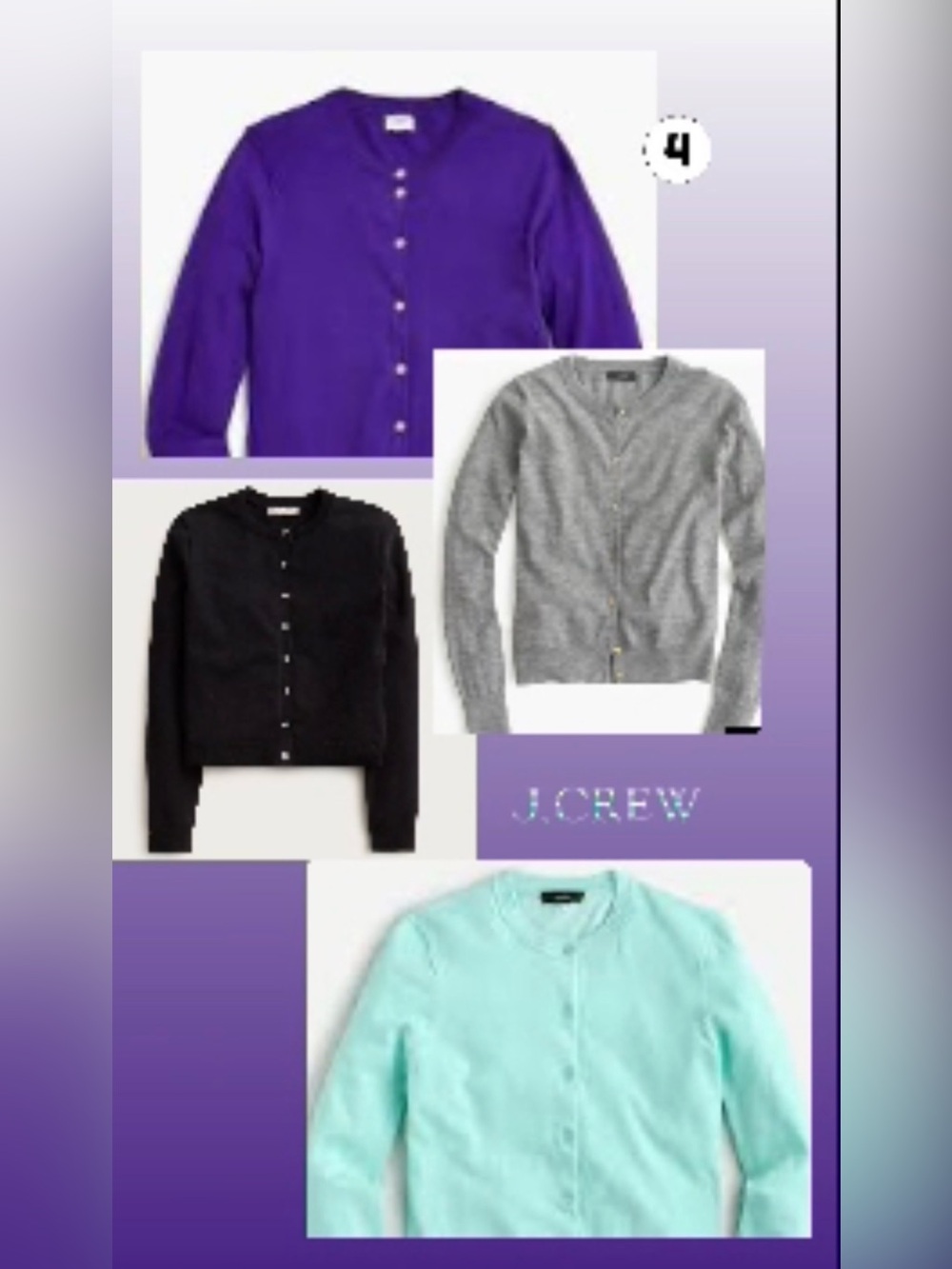 J.Crew Jackie Cardigan Set of 4: Gray, Purple, Turquoise, Black